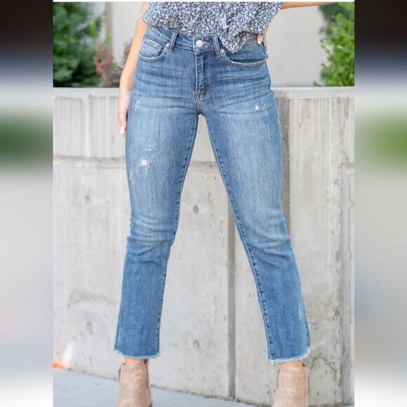 Risen Worn Delight Mid Rise Straight Fit Jeans women's 3/26 fray raw hem - Picture 1 of 9